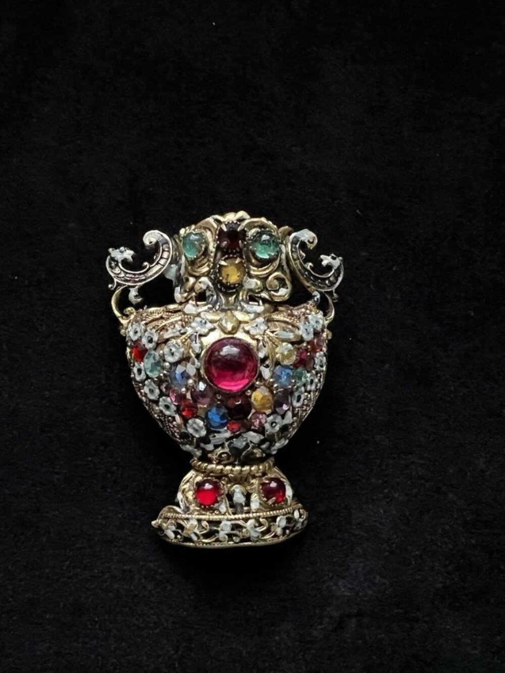 Antique Czech Urn Brooch 1930s Bohemia Glass Stones Gold Vase